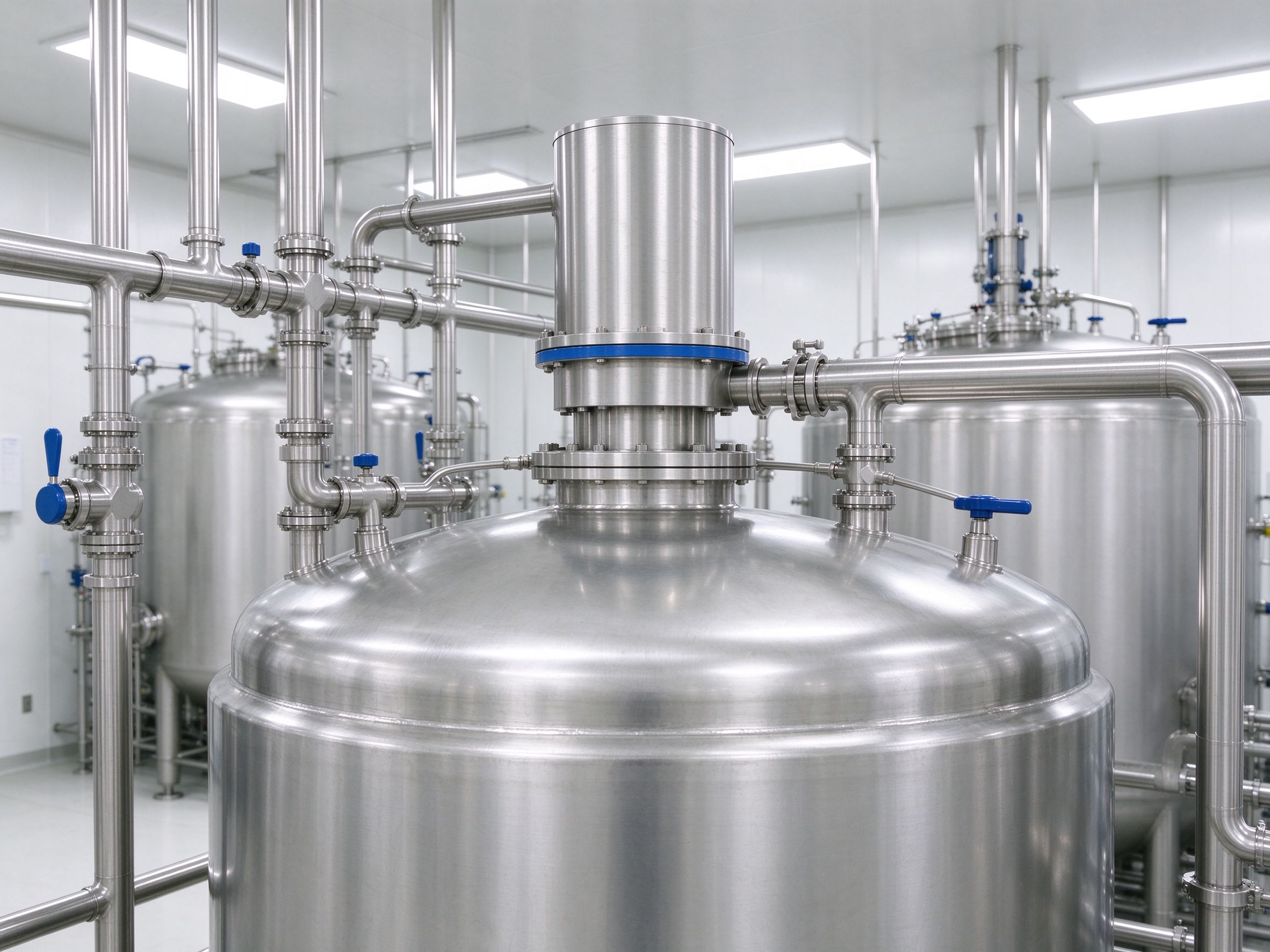 Foam breaker on a sanitary stainless storage tank in a clean room (schematic)